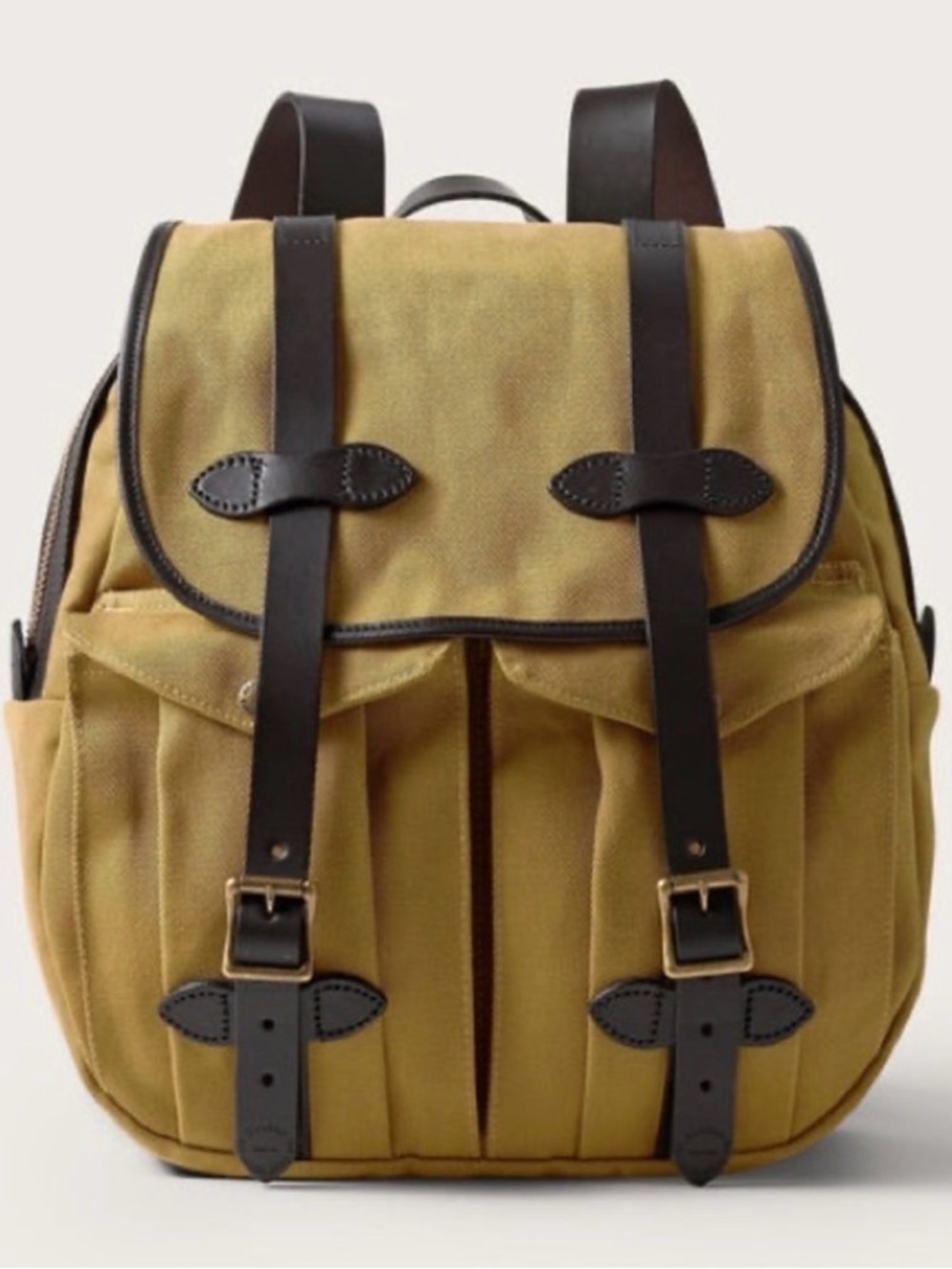 Filson Rugged Twill Rucksack Backpack in tan/brown with dark brown leather